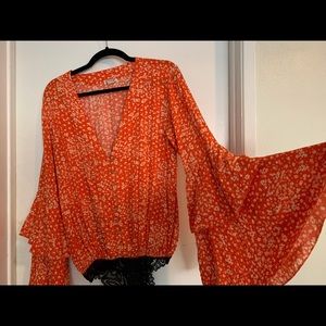 Free People Ditsy Floral Orange Bodysuit Size Small